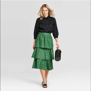Who What Wear polka dot forest green tiered skirt